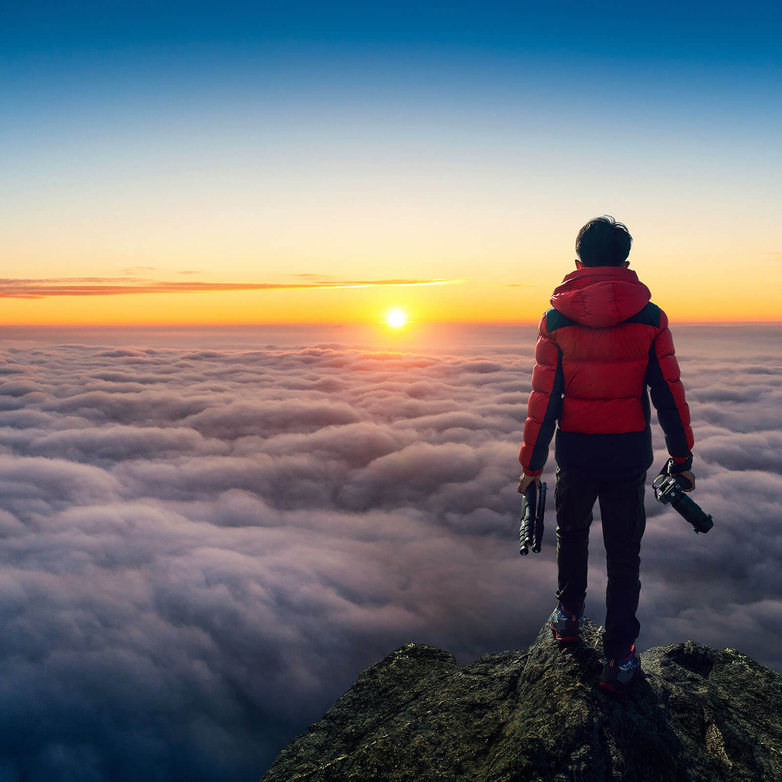 Photographer Hand Holding Camera Standing Viewpoint Clouds