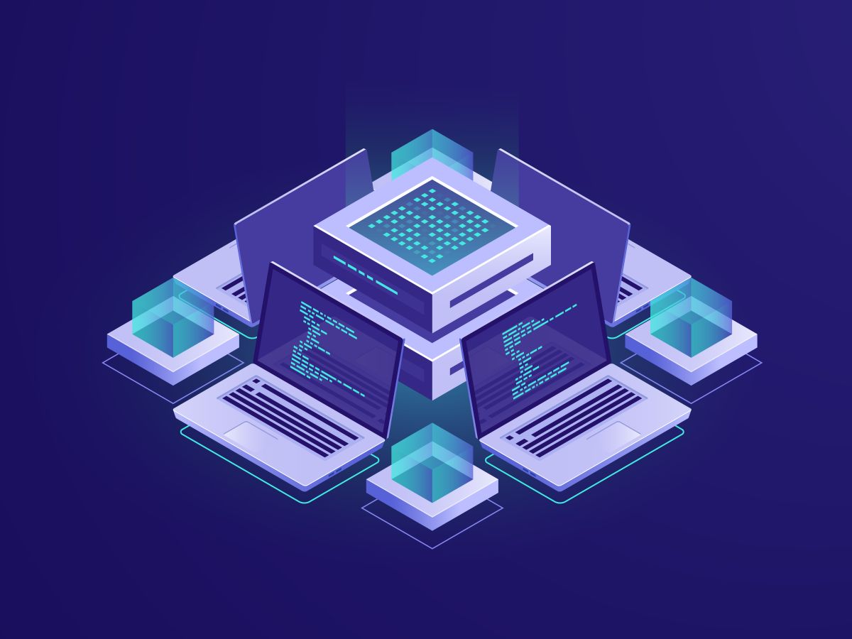 Isometric illustration of multiple laptops connected to a central server, representing a modern tech stack and integrated digital systems.