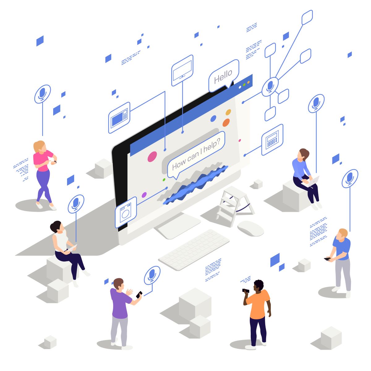 Isometric of people using devices to get assistance