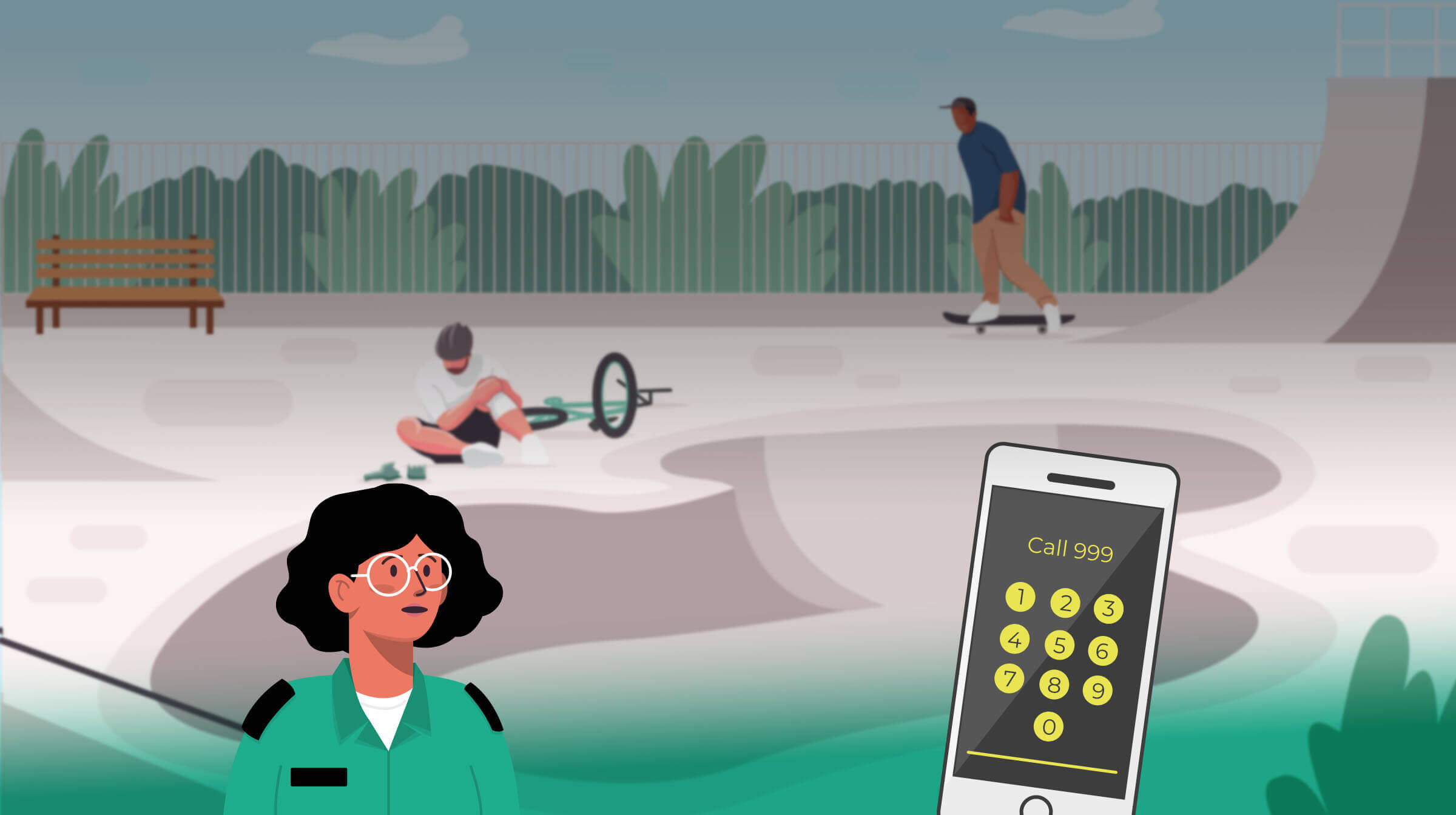Graphic of a skate park scene with an avatar and phone over the top